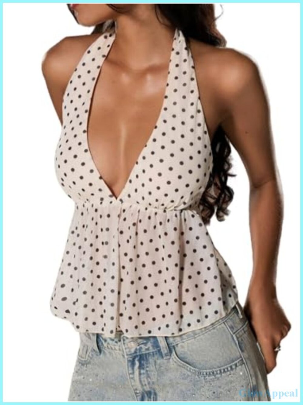 Polka Dots Tie Backless Halter Top V Neck Peplum Ruffle Hem Crop Top